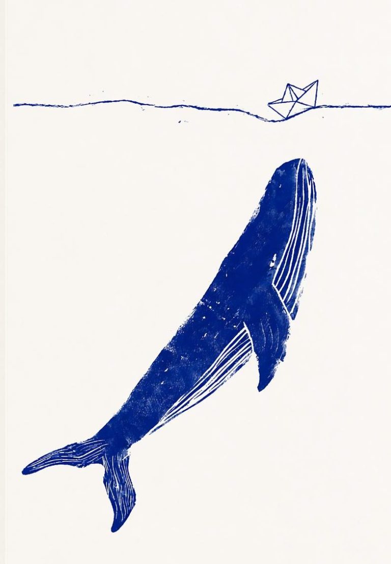 Blauwal – Linoldruck von Gaby Stolte-Schirmer Linoldruck von Gaby Stolte-Schirmer: Ein Blauwal nähert sich unter der Wasseroberfläche einem Papierschiffchen.